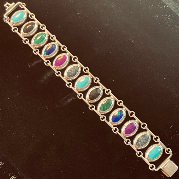 Beautiful 950 Fine Silver Mexico Multi Stone Inlay Link 7.5” Bracelet - Picture 2 of 10